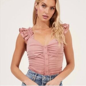 ASTR The Label Ruched Ruffle Shoulder Sleeve Tank Top Blush Pink XS